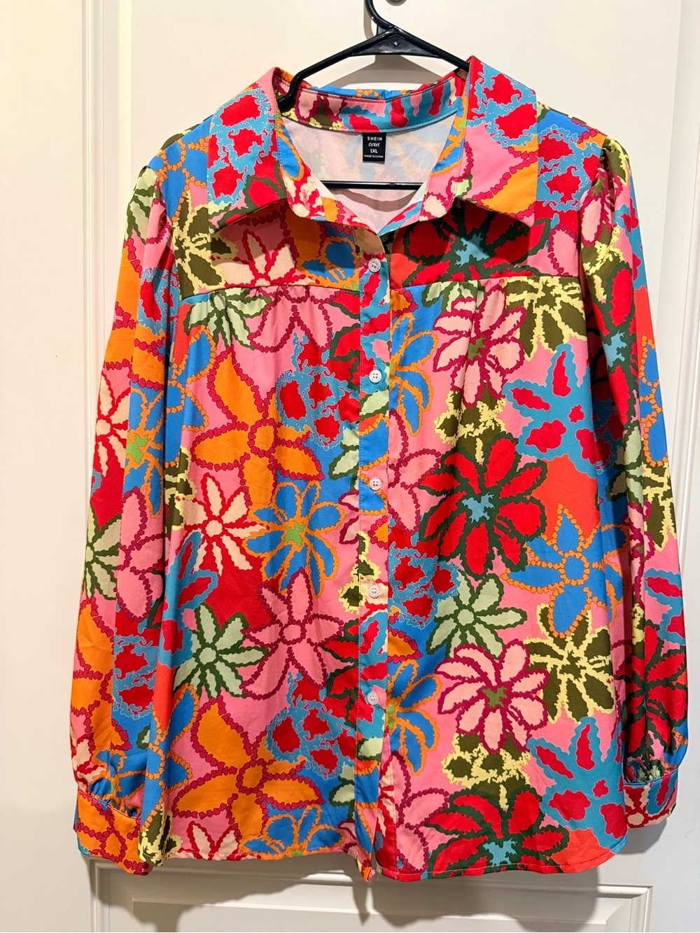 SHEIN Multicolor Floral Button-Down Shirt - Pink, Red, Blue & Green